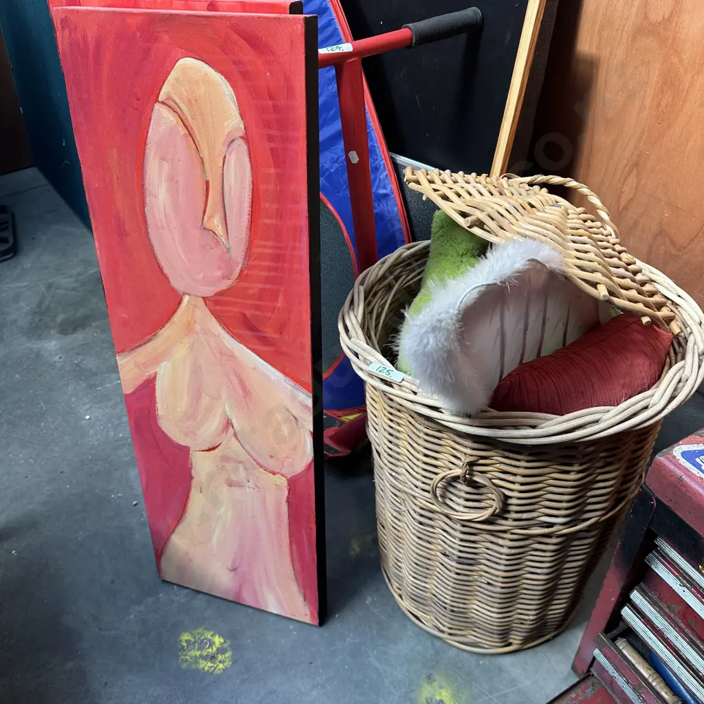 Pr paintings, wicker basket and contents Image 1++