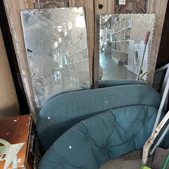 2 vintage mirrors and cane sofa patio cushions