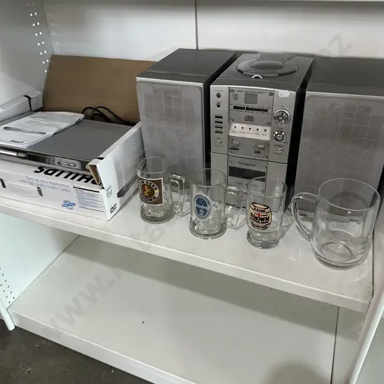 Boxed DVD, stereo, and Beer logo glasses