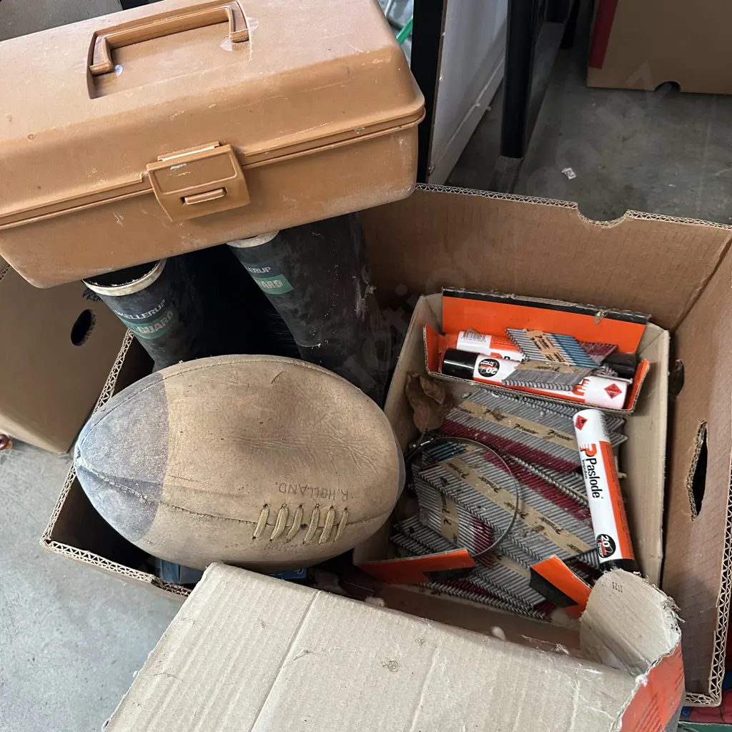 Gumboots, rugby ball, fishing box and contents Image 1++