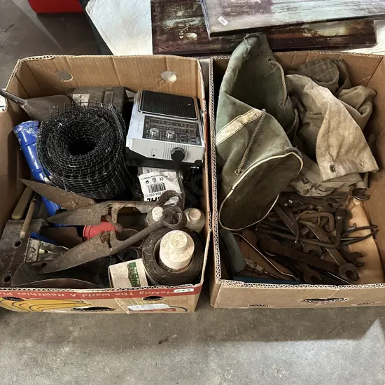 2 Boxes Radio, old tools and bags etc.