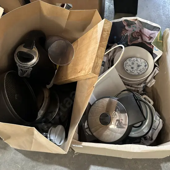 2 Boxes bakeware, jug, plates etc.