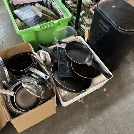 2 Boxes pots and pans, pedal bin etc.