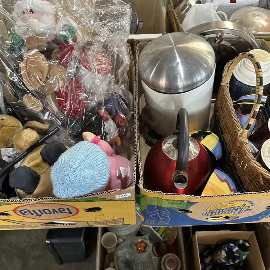 2 Boxes Jug, clock, pedal bin, soft toys etc.