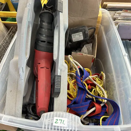 Bin of leads, ropes and saber saw etc.
