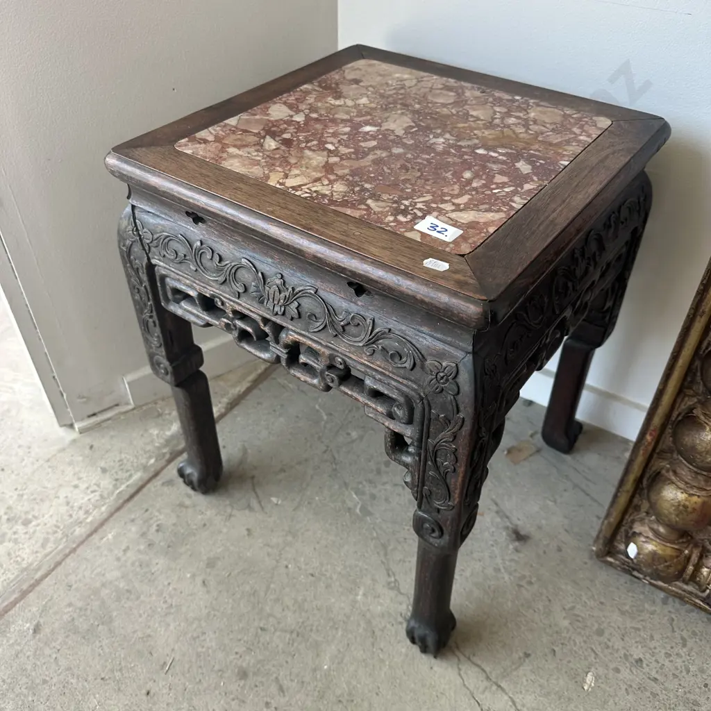 Early oriental wooden carved, marble top plant stand Image 1++