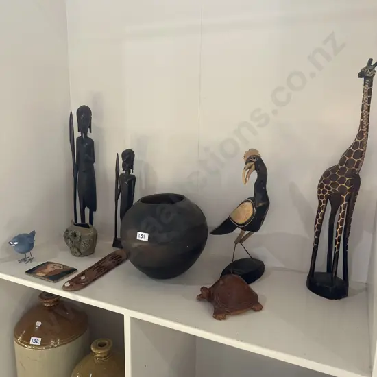 Collection wooden carvings, pottery Owl etc