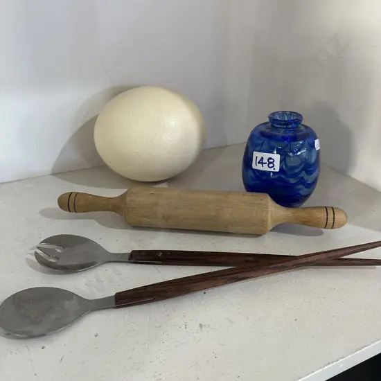 60s Japanese servers, art glass, egg and mini rolling pin