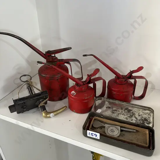 3 oilers, antique lock and key, tool