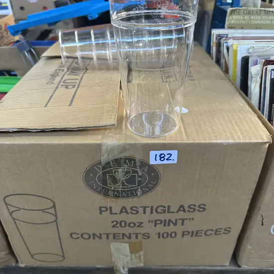 Box of Dema plastiglass "pint" glasses