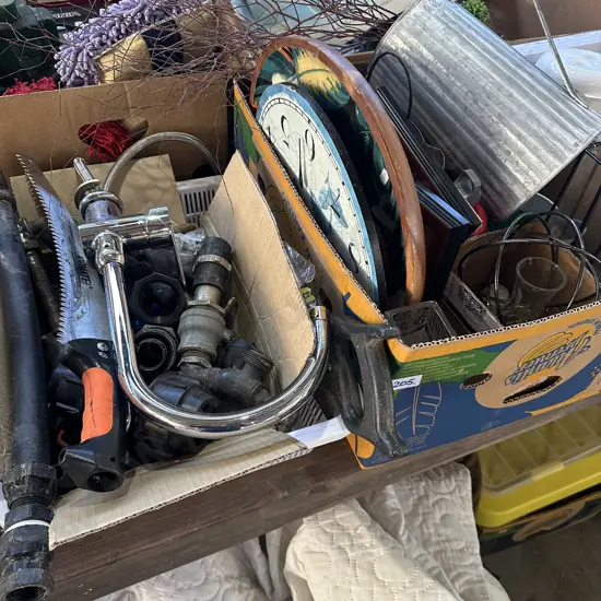 Two boxes taps, vases, saws etc.