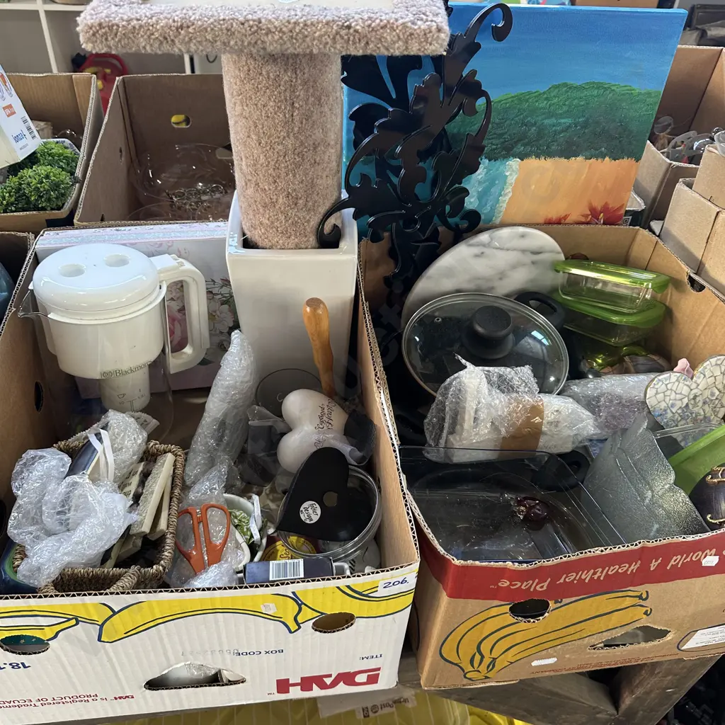 Two boxes non-stick pots, vase, glass containers and hearts etc. Image 1++
