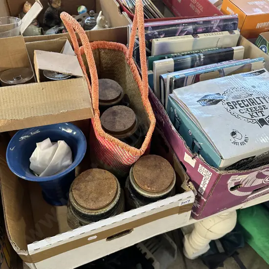 Two boxes canisters, glasses, books etc.