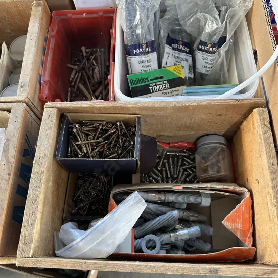 Nail box, dyna bolts, selection of long galv coach screws etc.