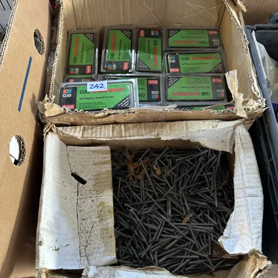 11 new packets of self tapping screws and 75mm galvanized flat head nails.
