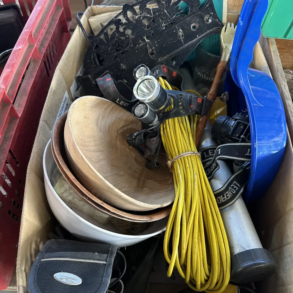 Assorted box lot including headlamps, clothes line wire etc. Image 1++
