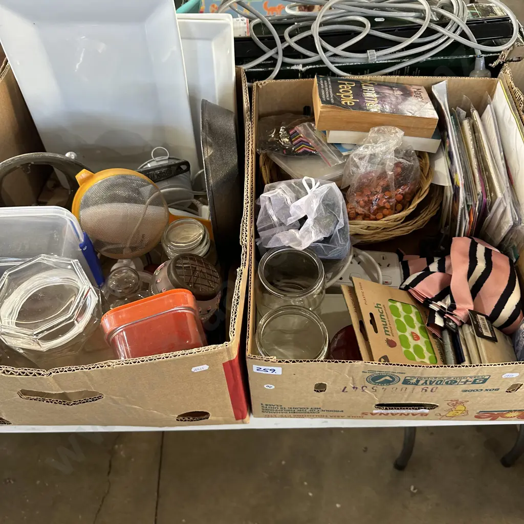 Two boxes stick blender, serving plates, agee jars and cards etc. Image 1++