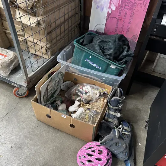 3 boxes air bed, shade cloth, roller blades and art etc.