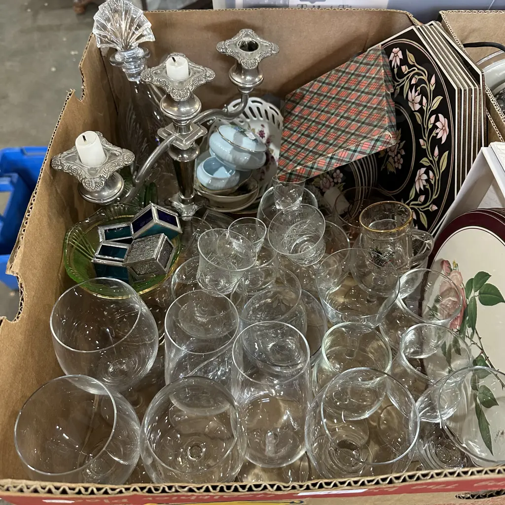 Candle stick, greenglass, boxed teaspoons, leadlight jewellery boxes etc Image 1++