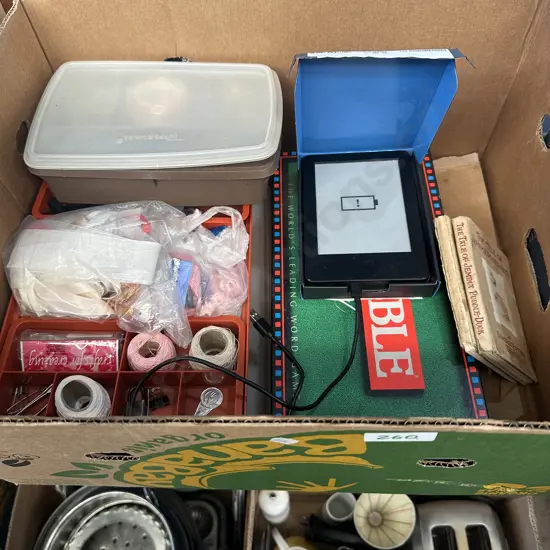 Scrabble, Kindle, sewing box and contents etc.