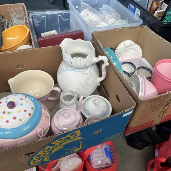 Two boxes Jugs, tea pot, cup cake jar etc.