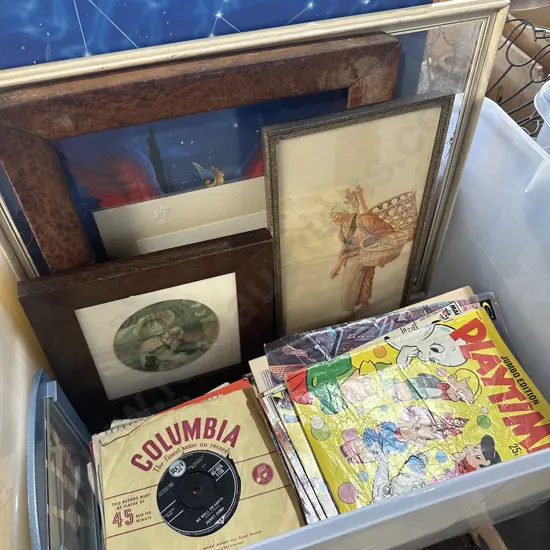 Bin of comics, pictures and frames and records.