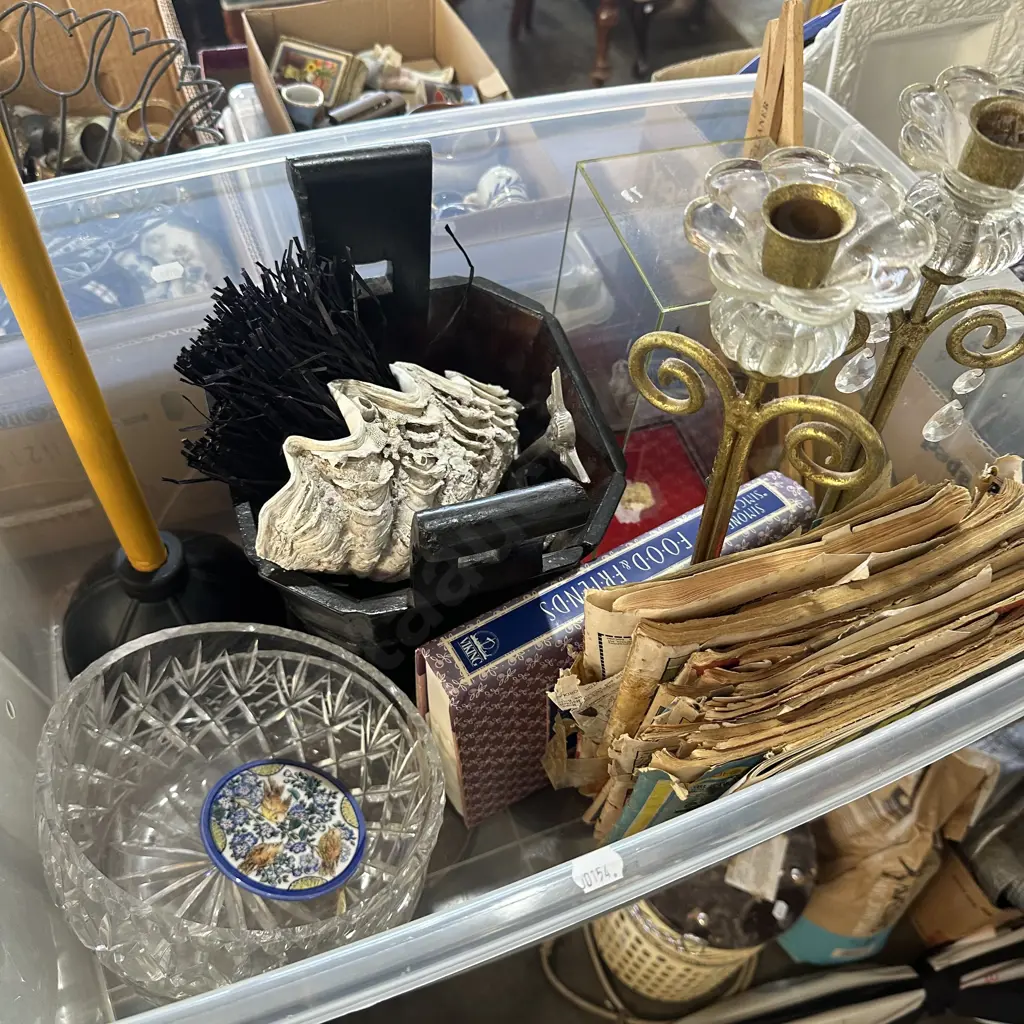 Bin of candle sticks, bowls, antique chinese bucket etc. Image 1++