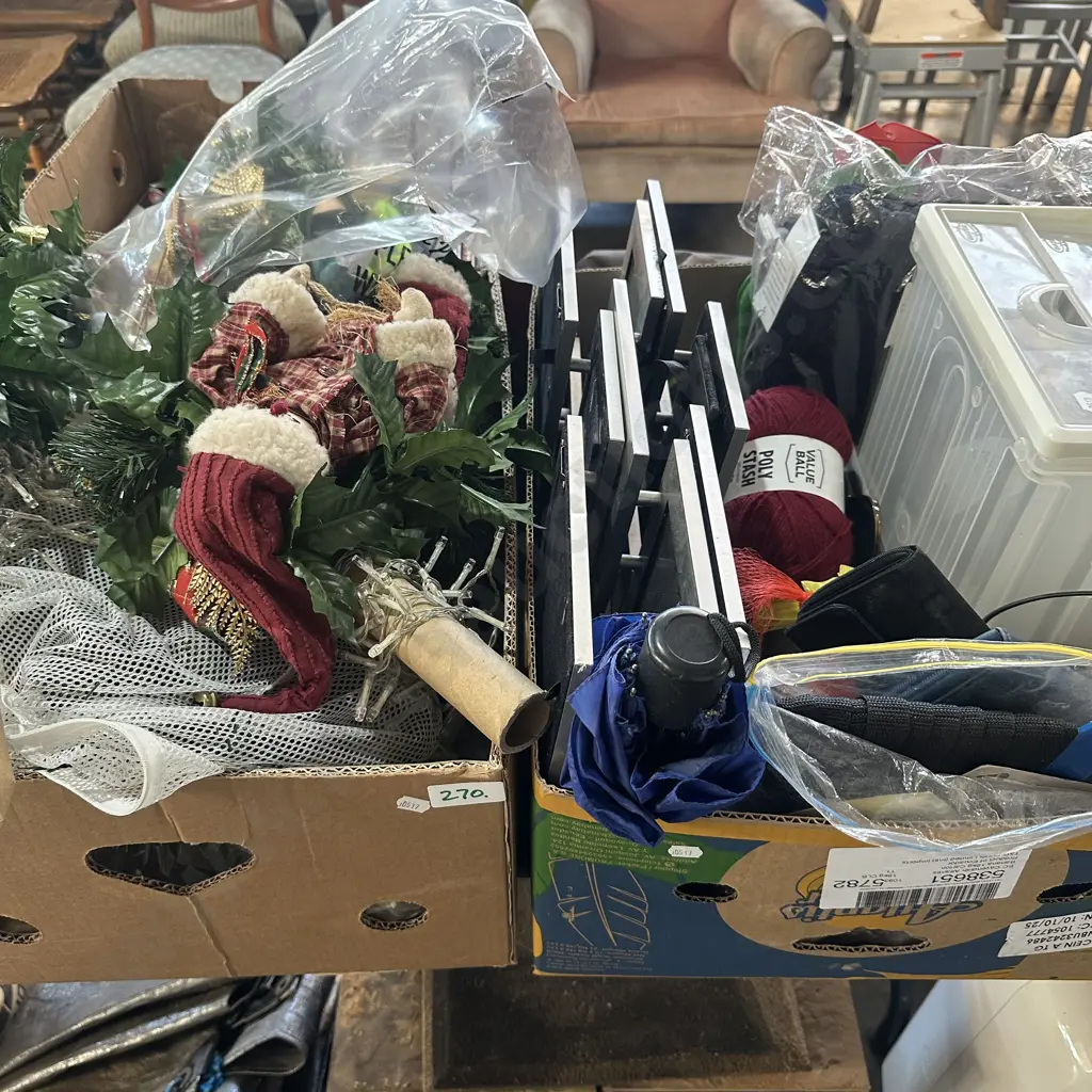 Two boxes christmas items, picture frames and wool etc. Image 1++