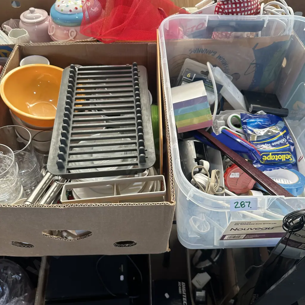 Two boxes stationary, plates bowls and cutlery. Image 1++