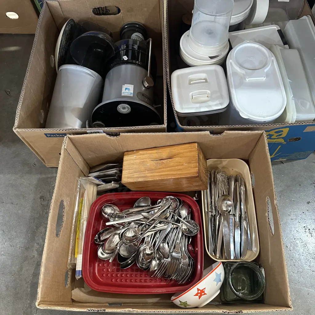 Three boxes cutlery, juicer and storage containers etc. Image 1++