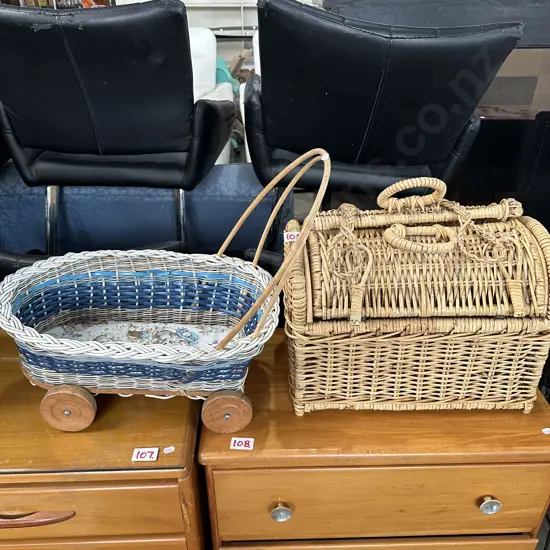 Cane picnic basket and dolls pram