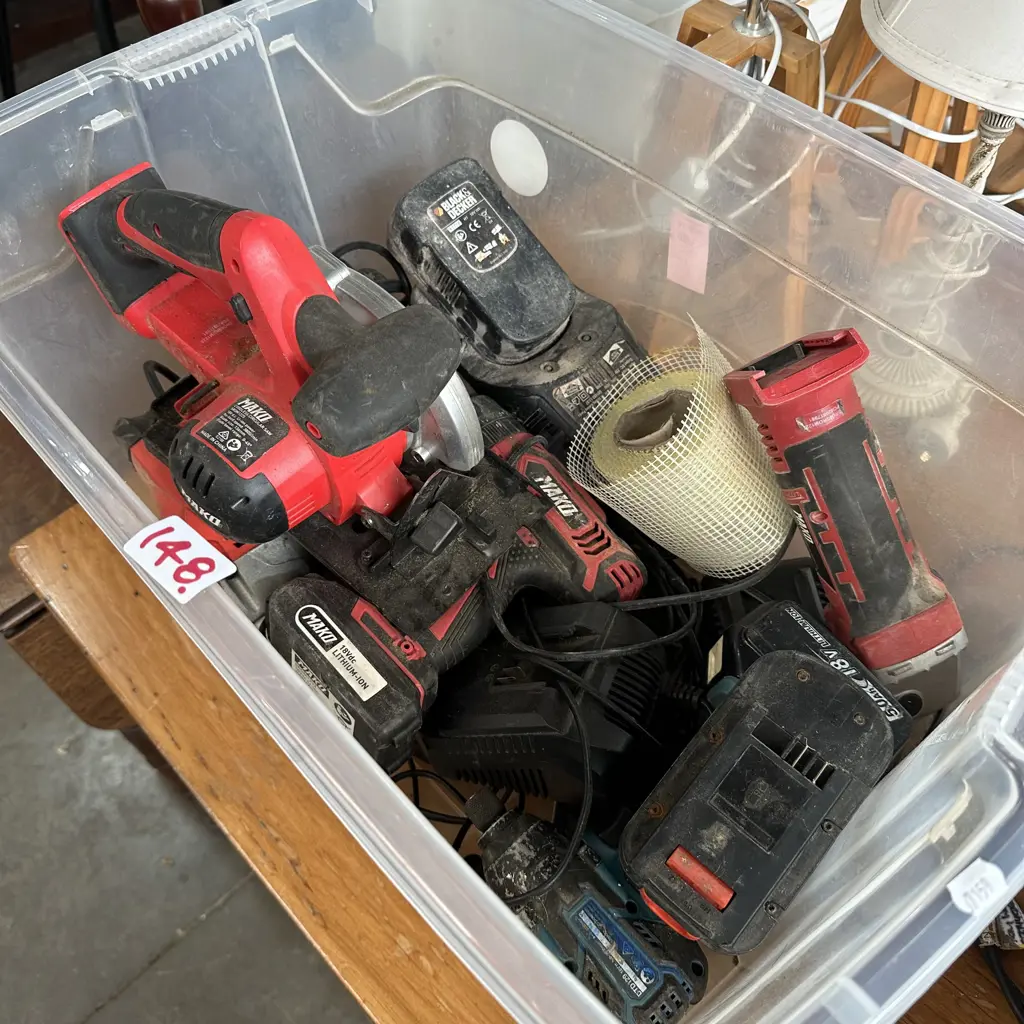 Bin of tools, batteries and chargers etc. Image 1++