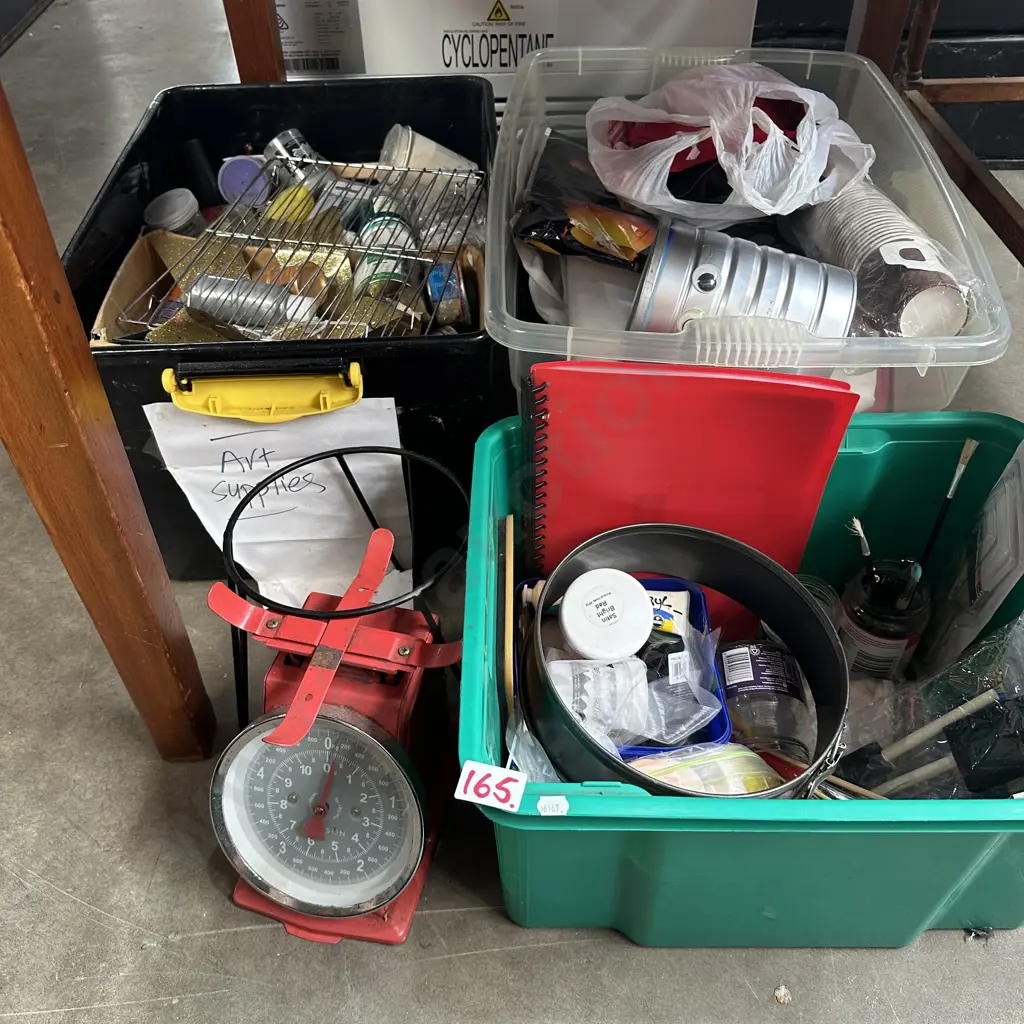 Three bins of assorted paints, craft, scales etc. Image 1++