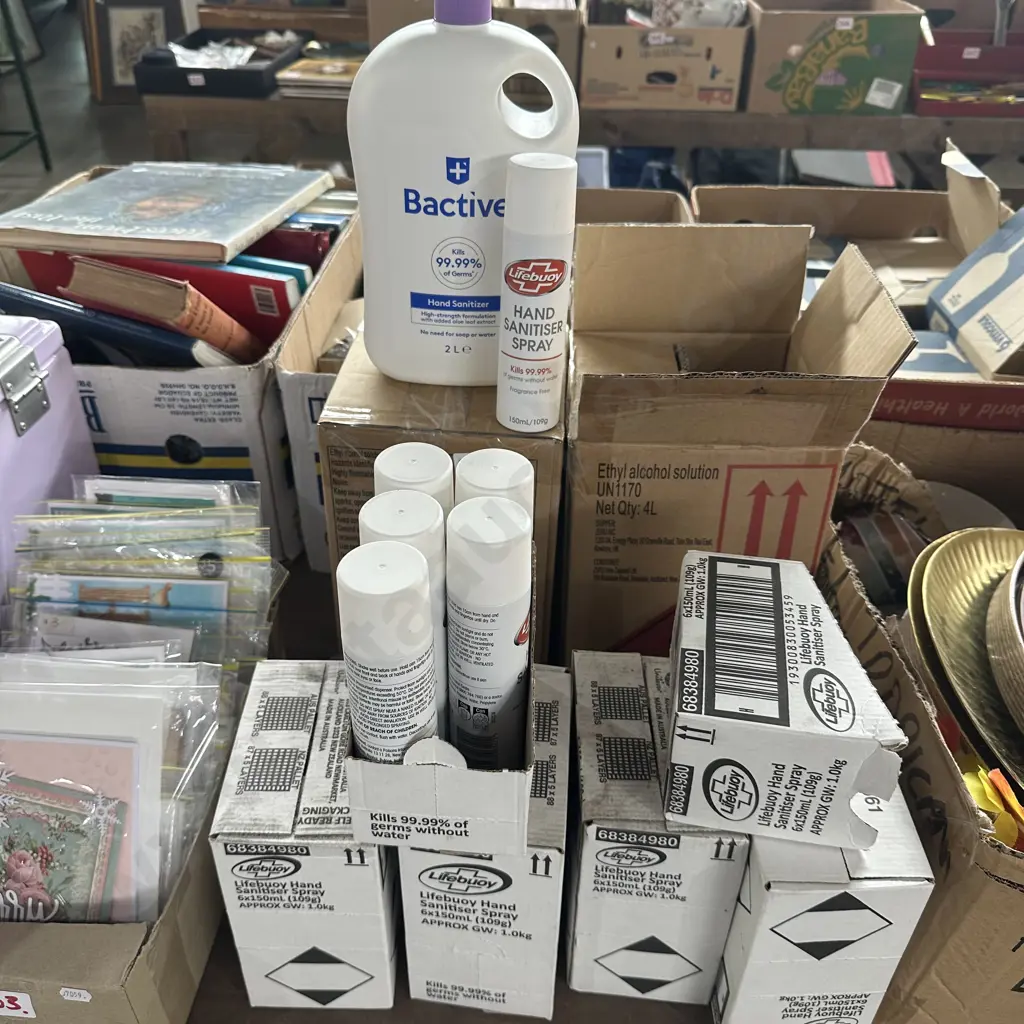 5 boxes of Lifebuoy hand sanitiser spray, plus 4x2L hand sanitizer Image 1++