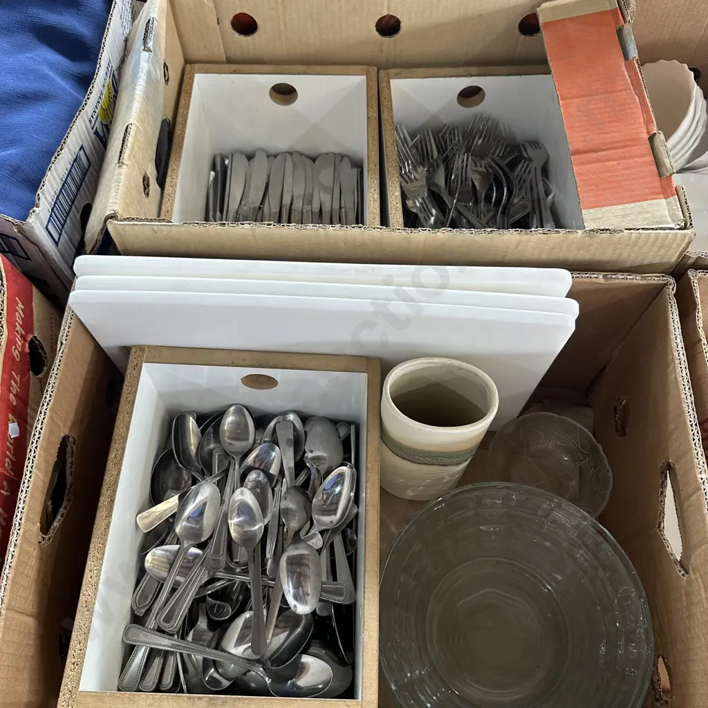 Two boxes, cutlery, bowls, vase etc. Image 1++