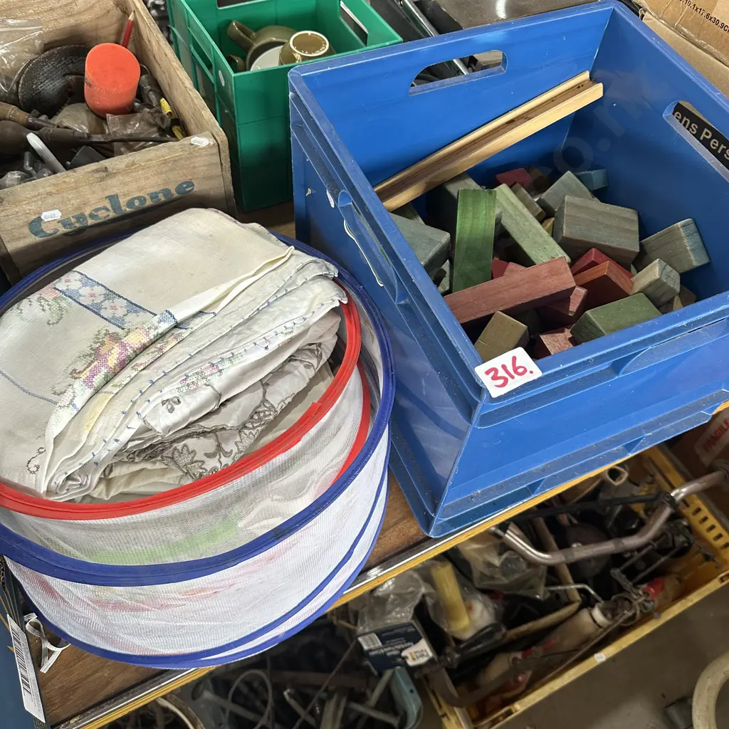 Bin of kids blocks and vintage table cloths, handkerchief Image 1++