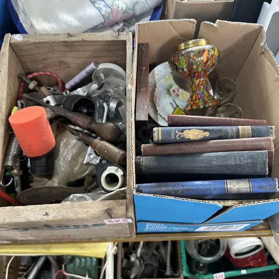 Nail box, tools and hardware, lead light etc.