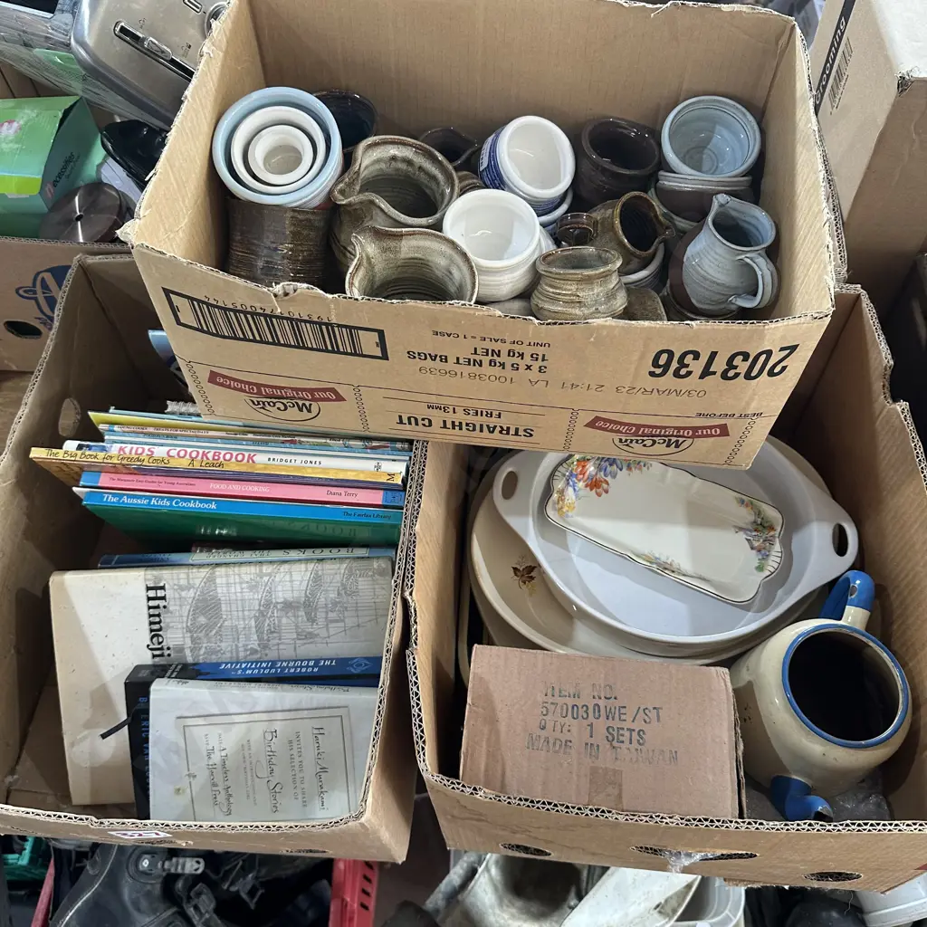 Three boxes pottery, cook books, enamel tea pot etc. Image 1++