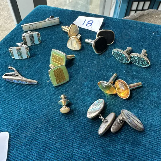 Collection of cufflinks & pins inc Paua shell