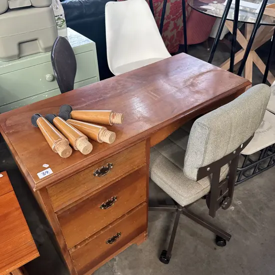 wooden student desk plus 3 chairs