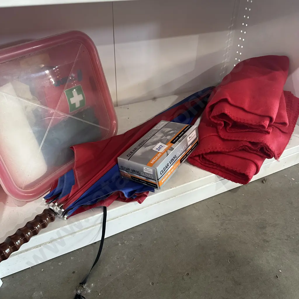 umbella, first aid and blankets (not the vinyl gloves) Image 1++