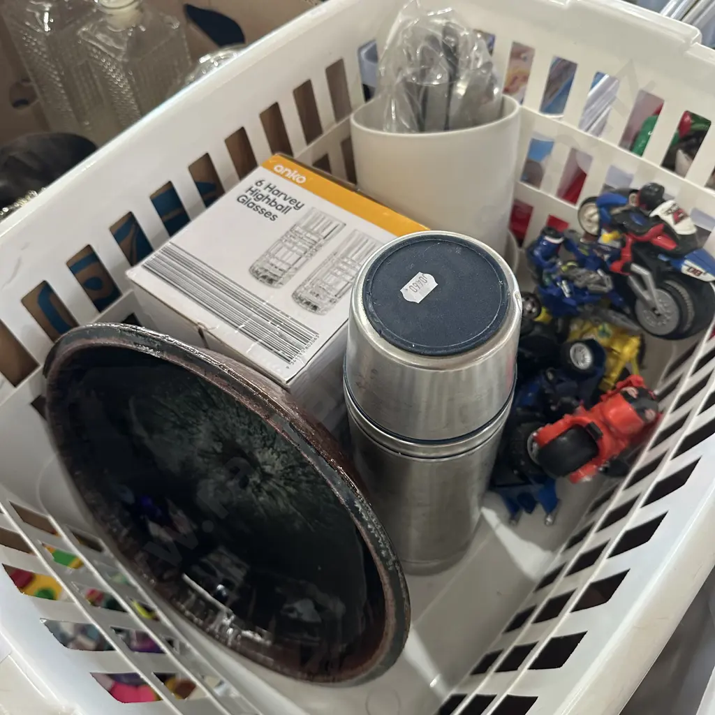 Basket of cutlery, new glasses and toy bikes etc. Image 1++