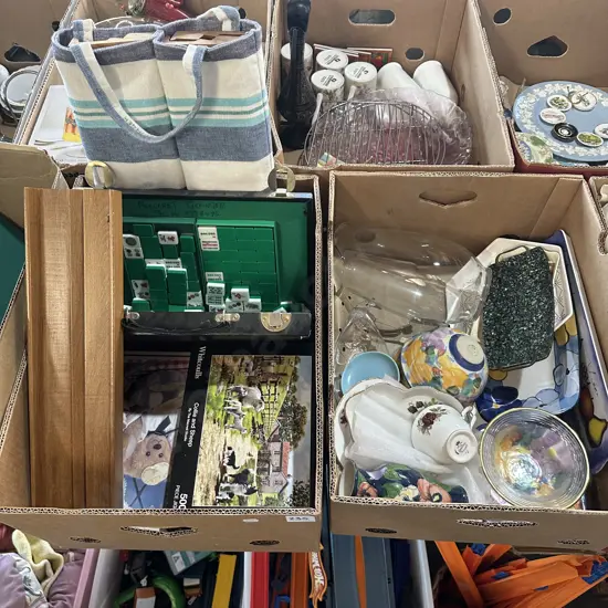 Two boxes Mahjong and puzzles, china etc.