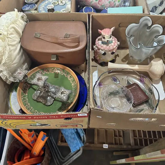 Two boxes Vases, servers, candle stick etc.