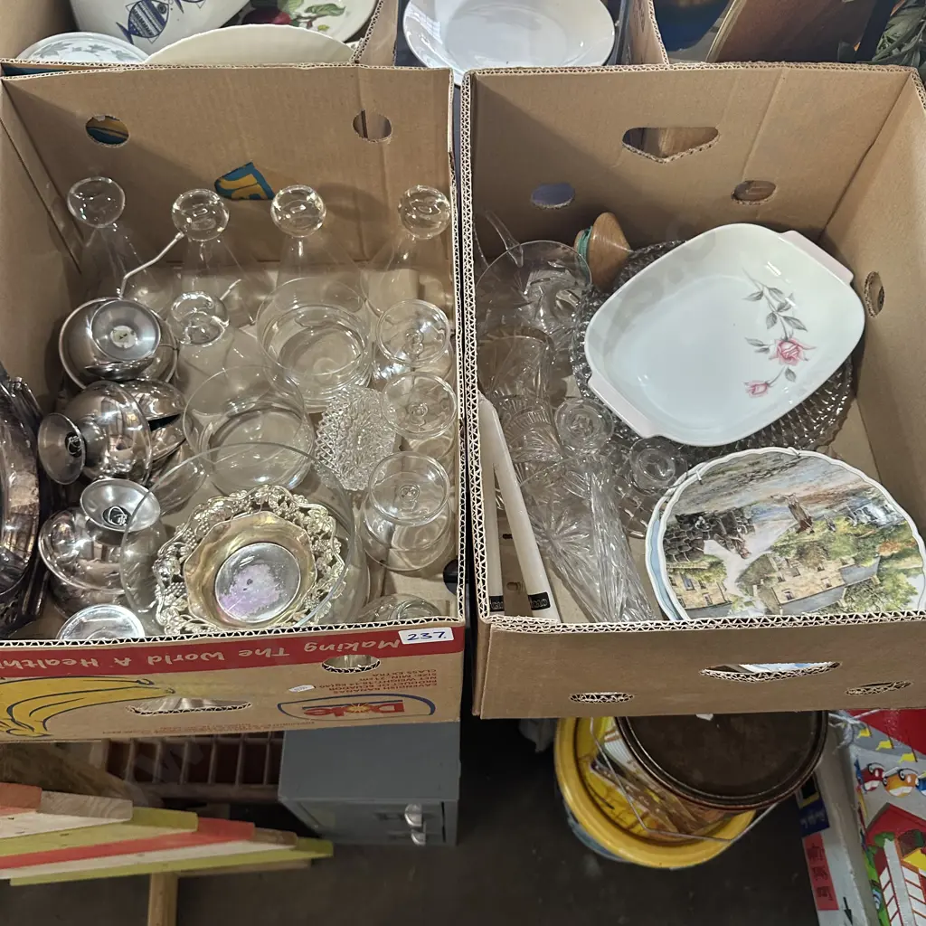 Two boxes glassware, silver, plates etc. Image 1++