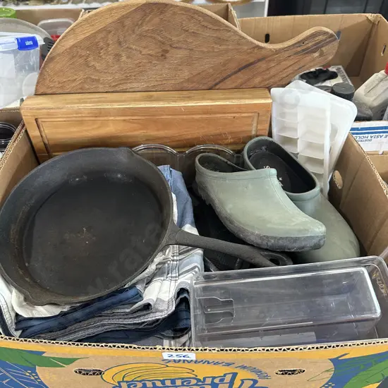 Box lot cast pan, wooden platter, super king duvet set etc.