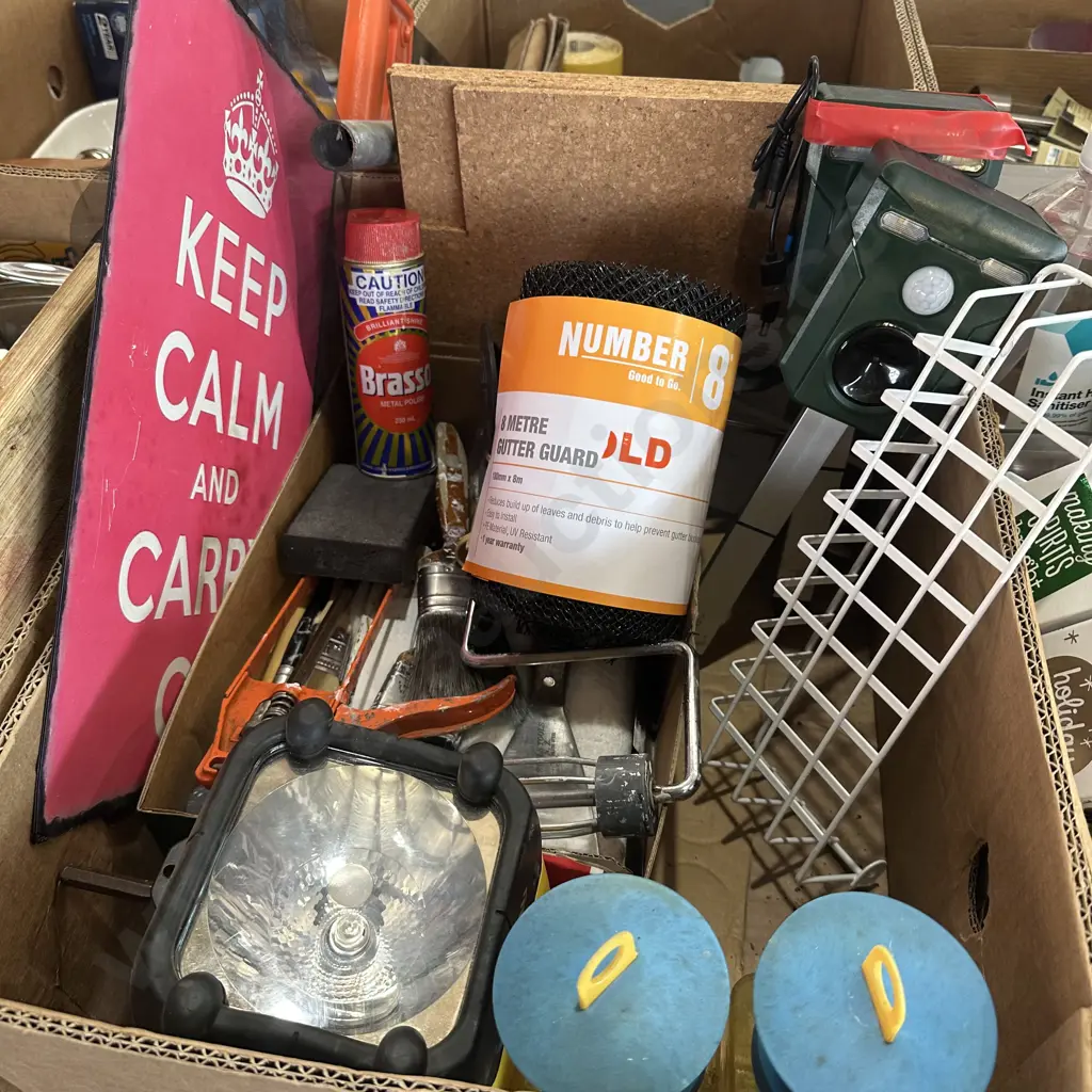 Box lot painting gear, keep calm sign, brasso, new gutter guard etc. Image 1++