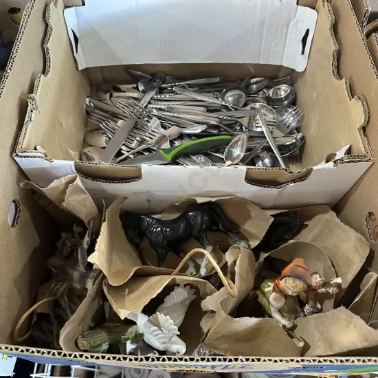 Box lot cutlery and figures