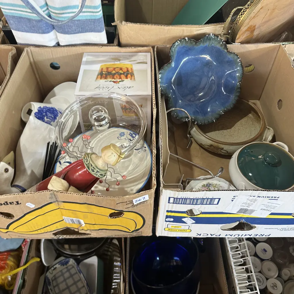 Two boxes cake stand, new trifle bowl, pottery etc. Image 1++