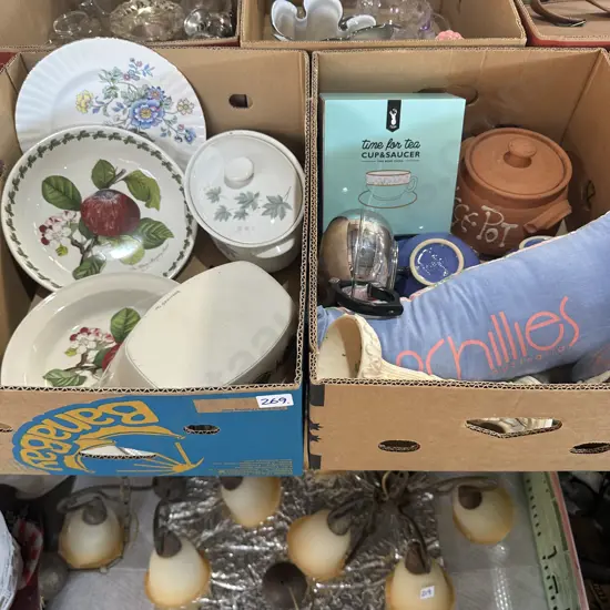 Two boxes dinnerware, vege pot etc.